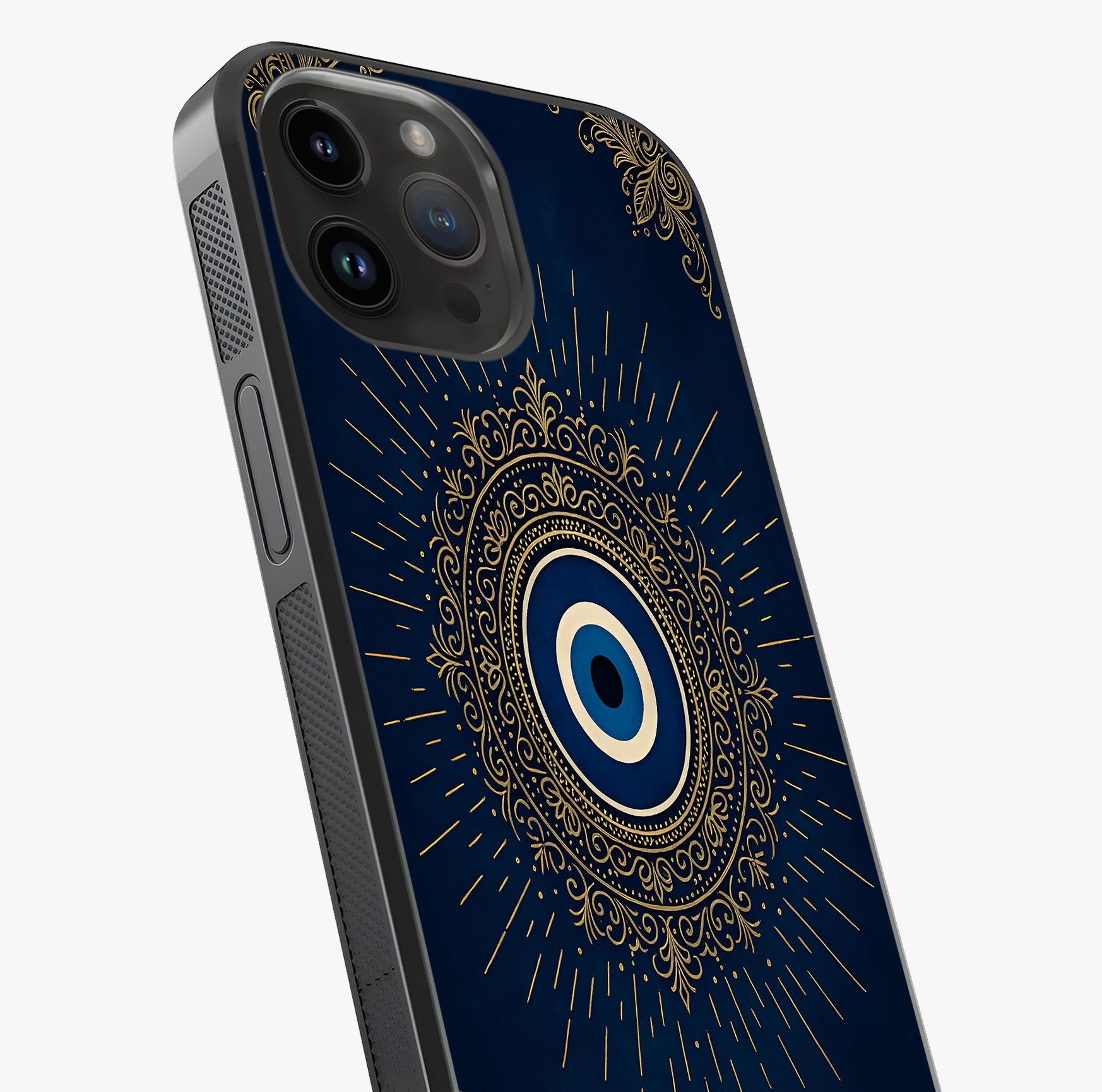Golden Evil Eye Mandala Glass Case captured at a warm angle highlighting gloss, texture and premium glass finish.