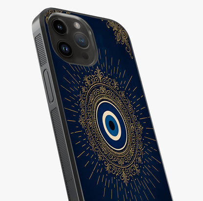 Golden Evil Eye Mandala Glass Case captured at a warm angle highlighting gloss, texture and premium glass finish.