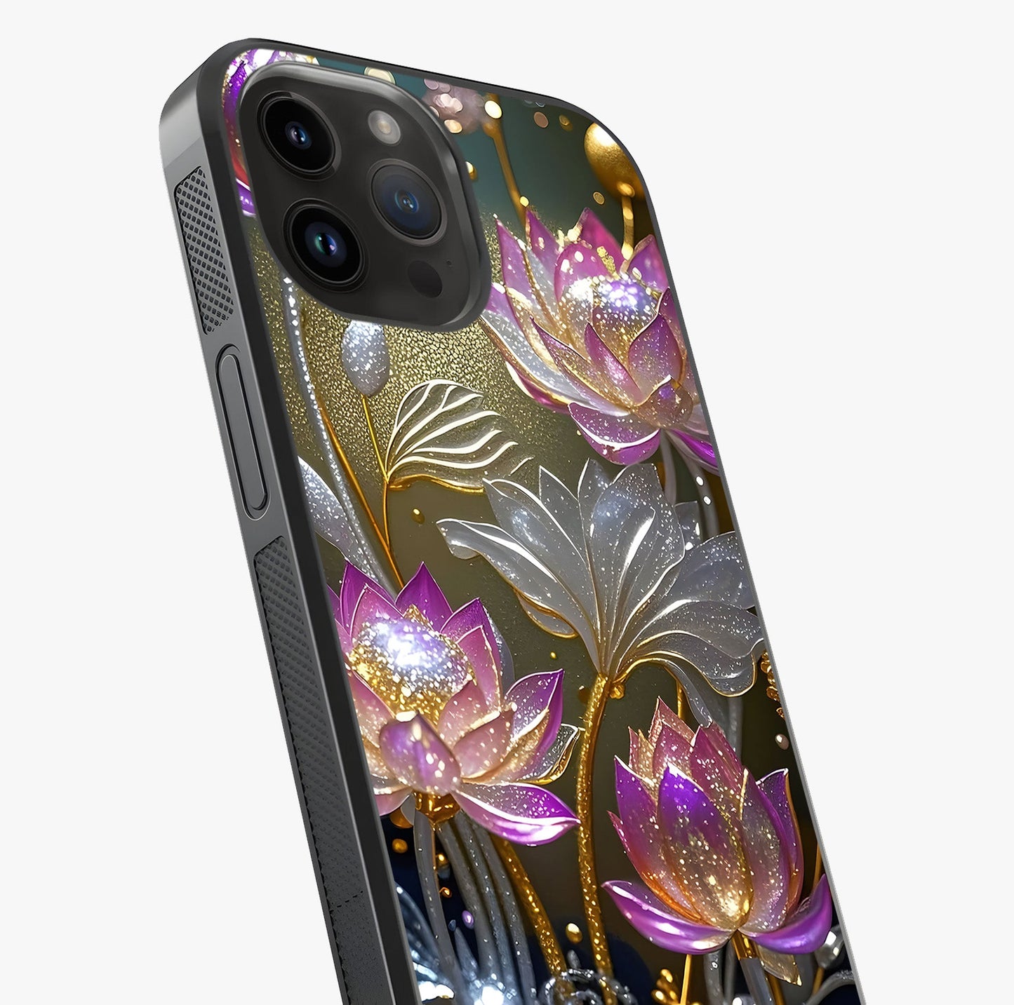Golden Lotus Glow Glass Case captured at a warm angle highlighting gloss, texture and premium glass finish.