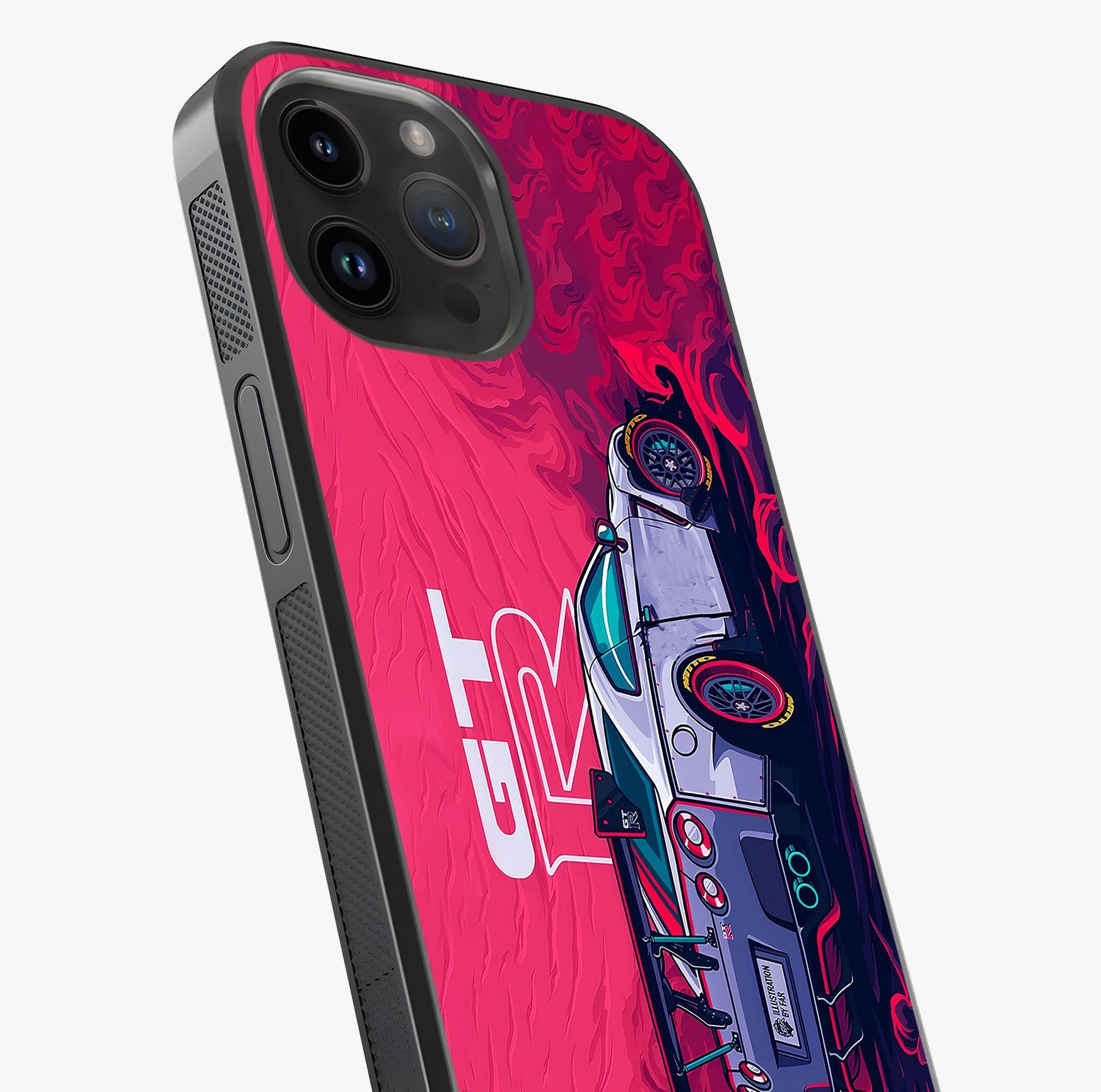 GT R Car Pattern Glass Case captured at a warm angle highlighting gloss, texture and premium glass finish.