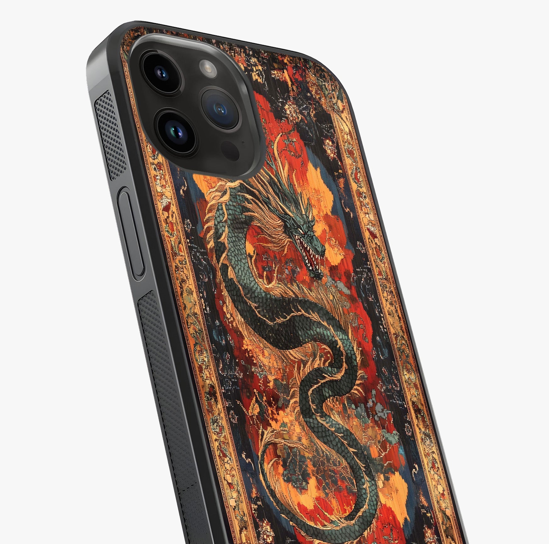 Inferno Dragon Soul Glass Case captured at a warm angle highlighting gloss, texture and premium glass finish.