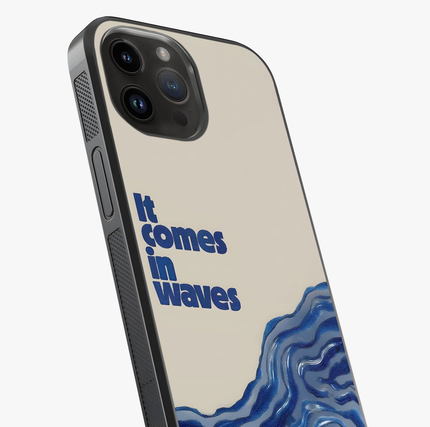 It Comes In Waves Quote Glass Case captured at a warm angle highlighting gloss, texture and premium glass finish.