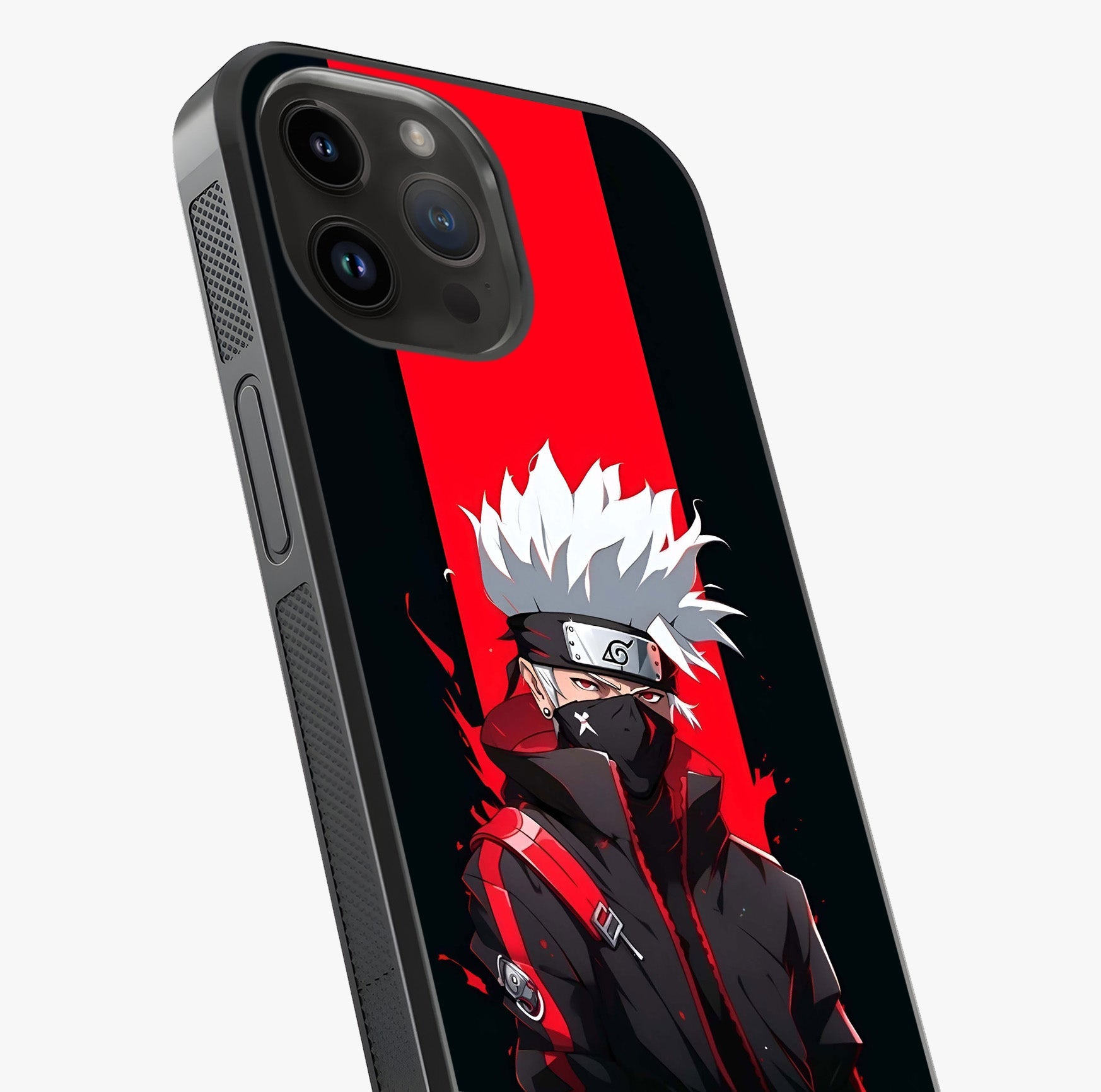 Kakashi Scarlet Shadow Glass Case captured at a warm angle highlighting gloss, texture and premium glass finish.