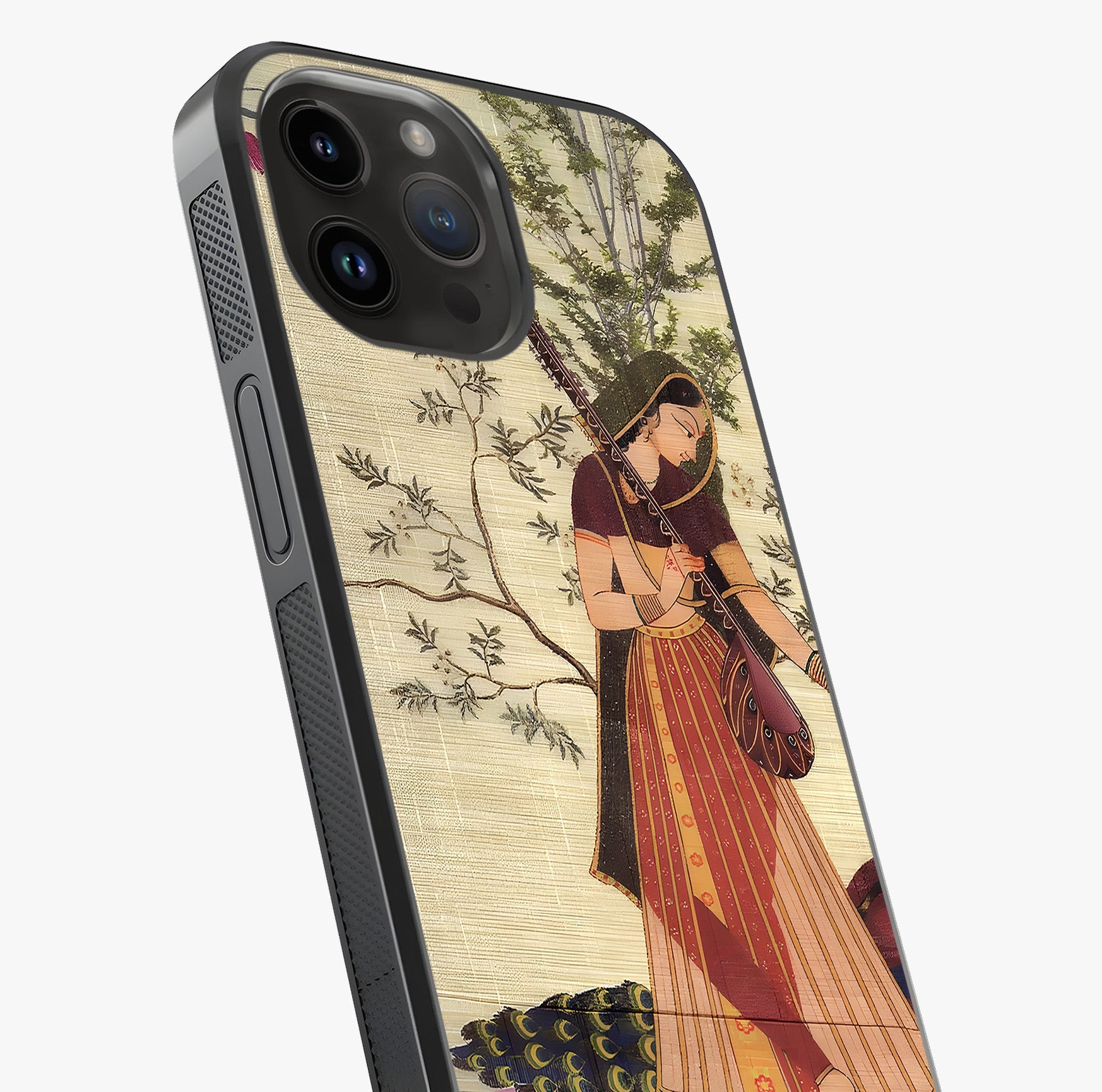 Lady With Veena Art Glass Case captured at a warm angle highlighting gloss, texture and premium glass finish.