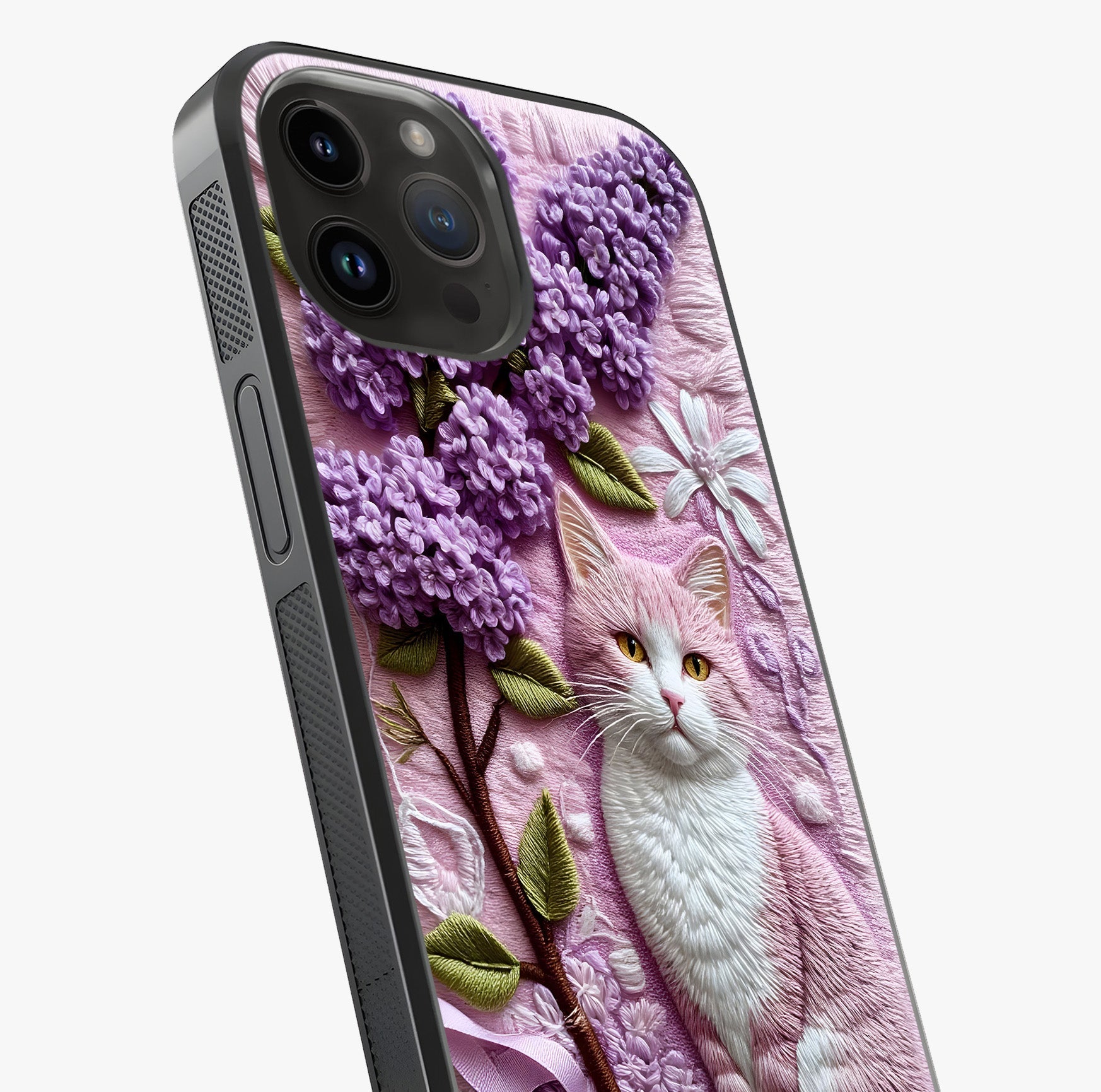 Lavender Cat Whimsy Glass Case captured at a warm angle highlighting gloss, texture and premium glass finish.