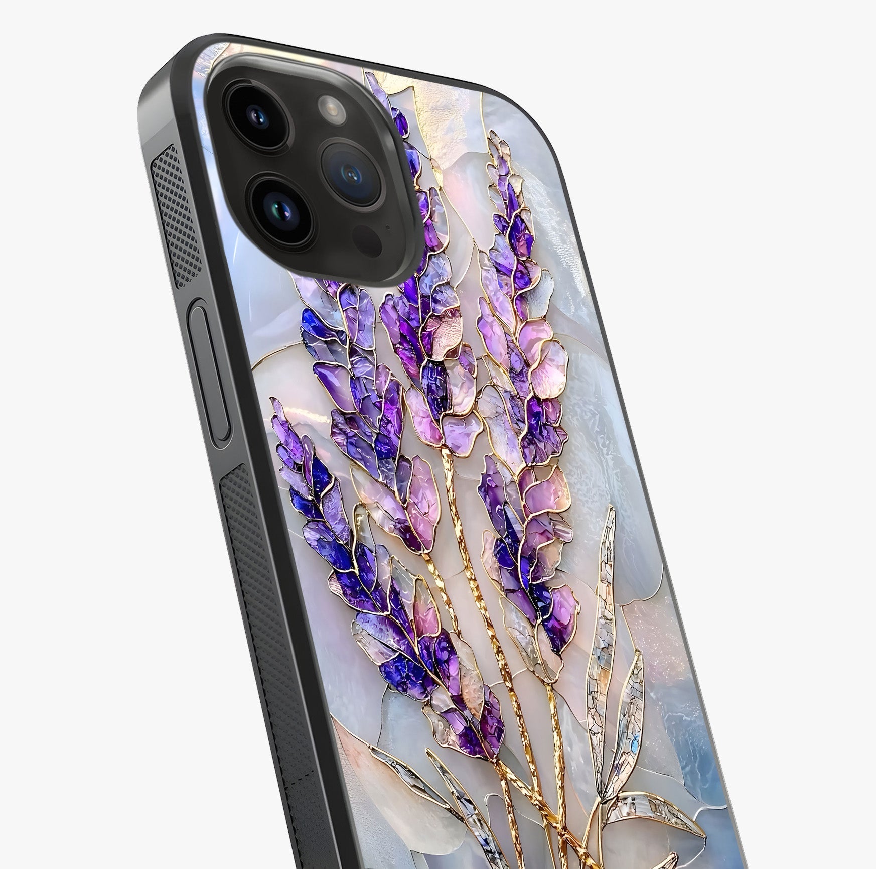 Lavender Dream Glow Glass Case captured at a warm angle highlighting gloss, texture and premium glass finish.