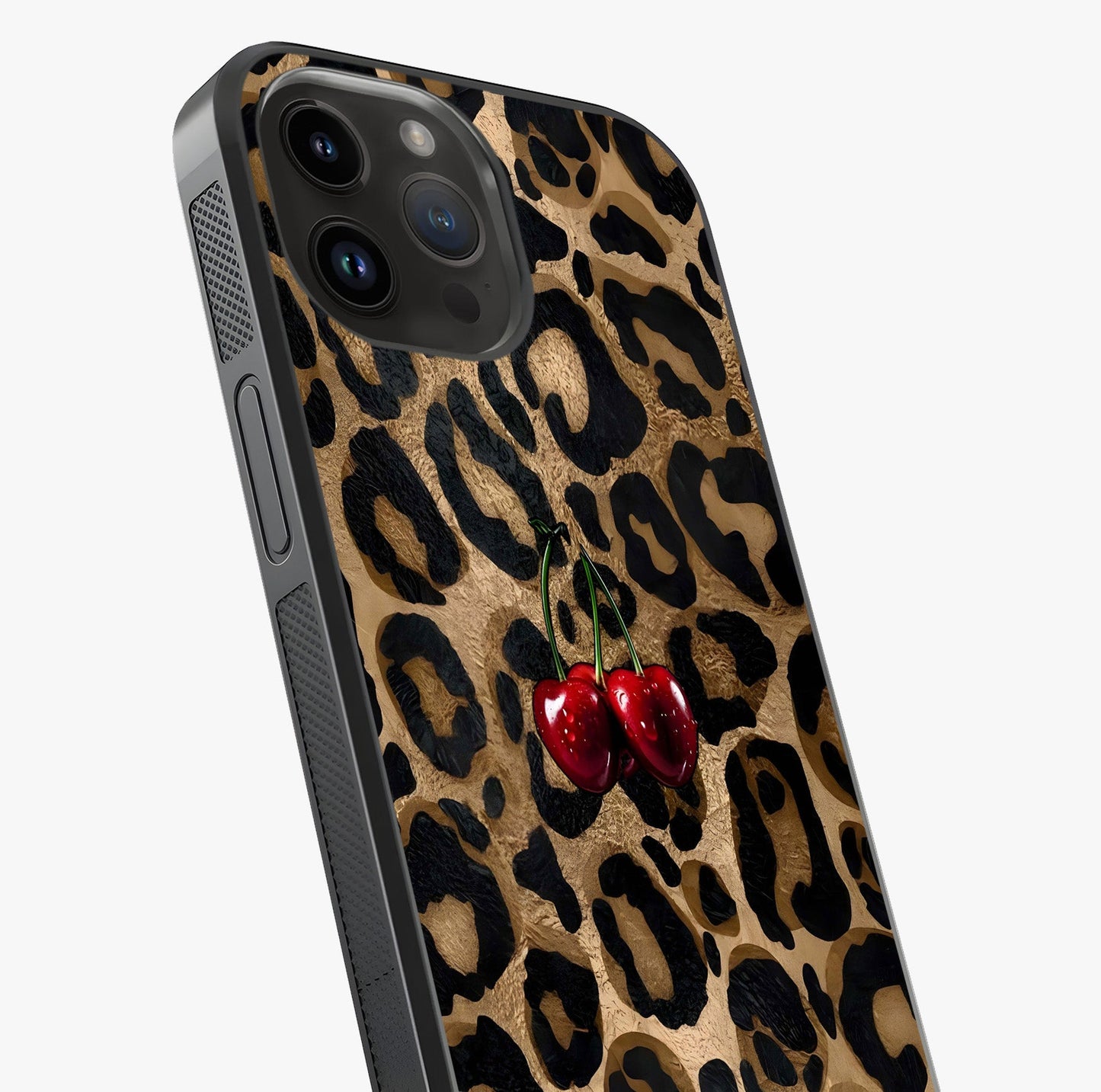 Leopard Wild Cherry Glass Case captured at a warm angle highlighting gloss, texture and premium glass finish.