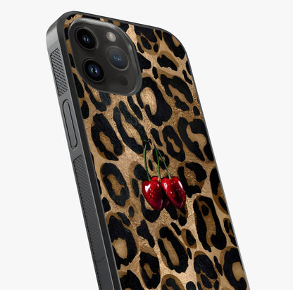 Leopard Wild Cherry Glass Case captured at a warm angle highlighting gloss, texture and premium glass finish.