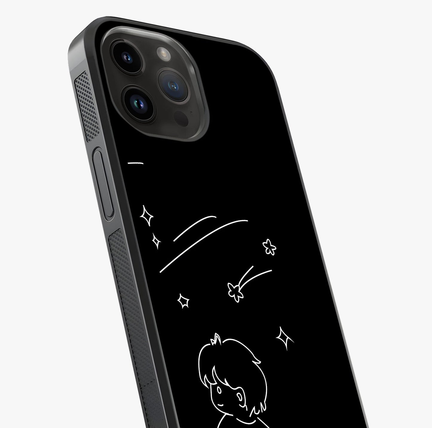 Line Art Boy With Shooting Stars Glass Case captured at a warm angle highlighting gloss, texture and premium glass finish.