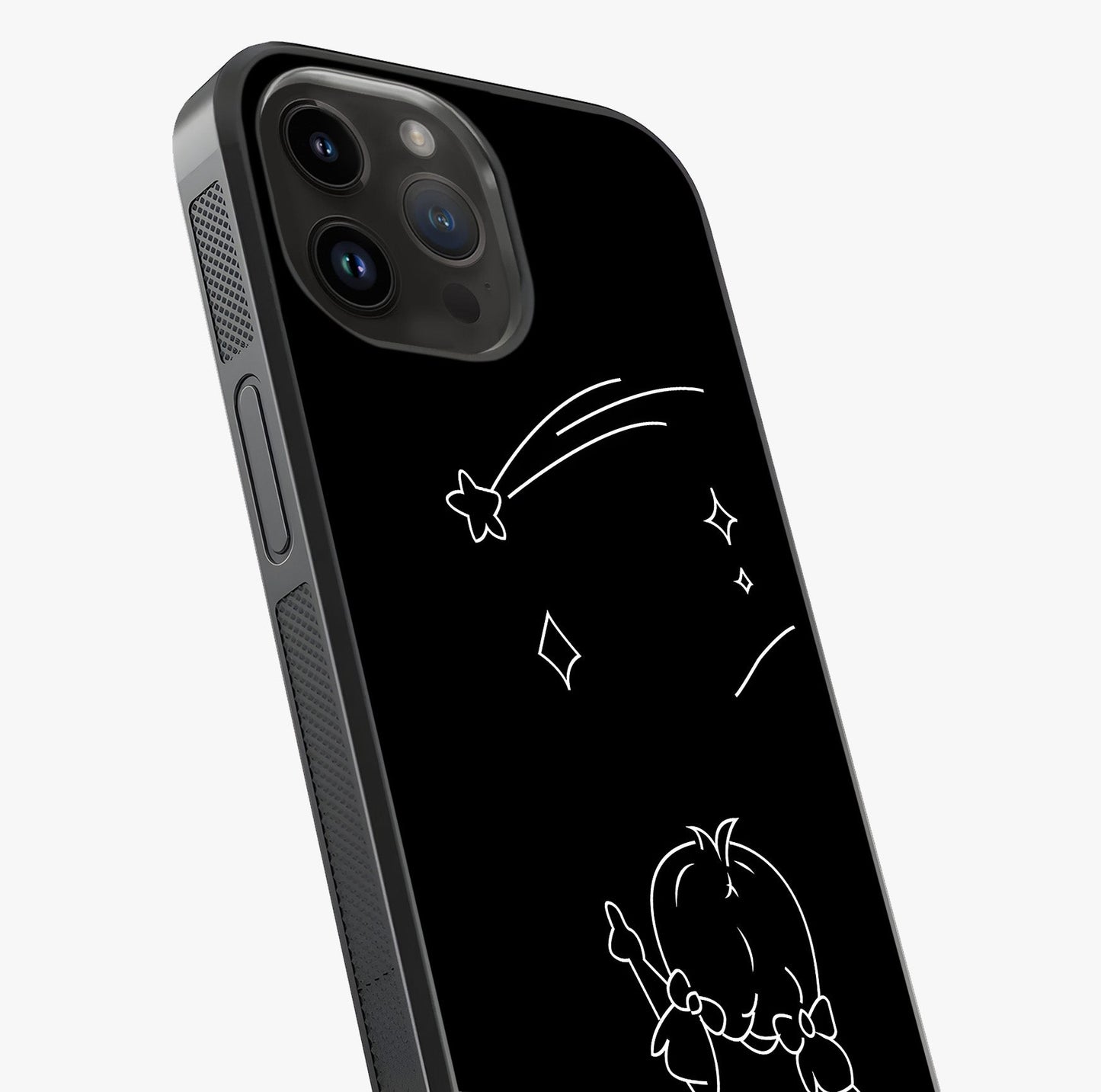 Line Art Girl With Shooting Stars Glass Case captured at a warm angle highlighting gloss, texture and premium glass finish.