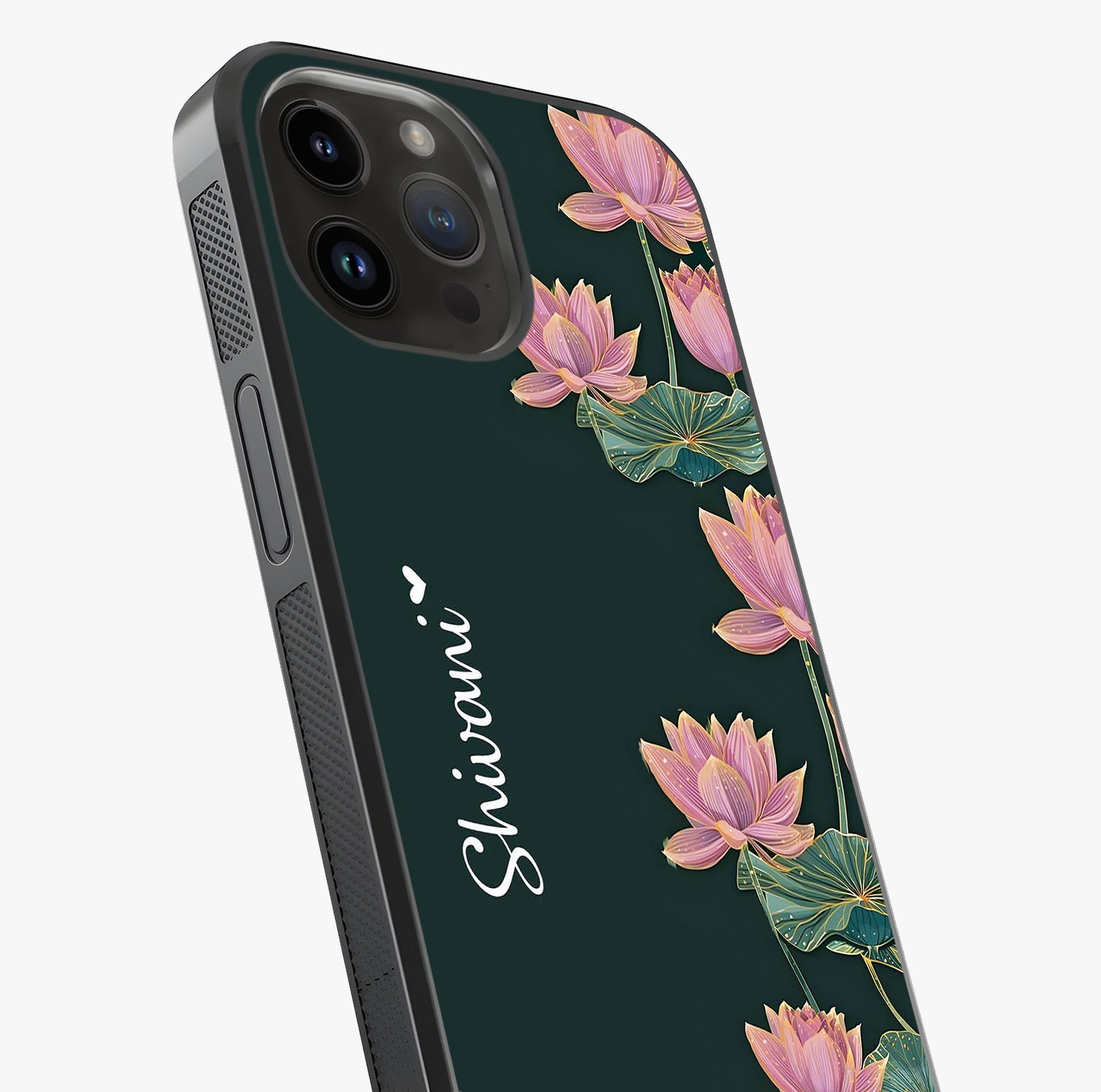 Lotus Bloom Serenity Custom Name Glass Case captured at a warm angle highlighting gloss, texture and premium glass finish.
