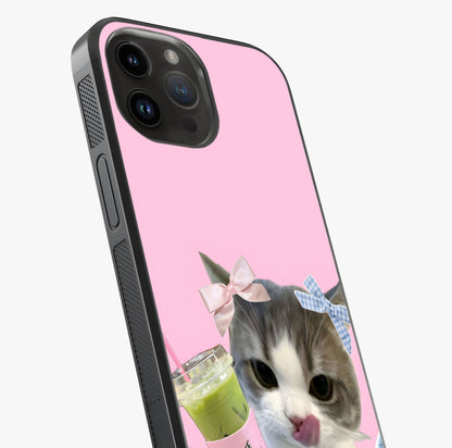 Love Matcha Cat Glass Case captured at a warm angle highlighting gloss, texture and premium glass finish.