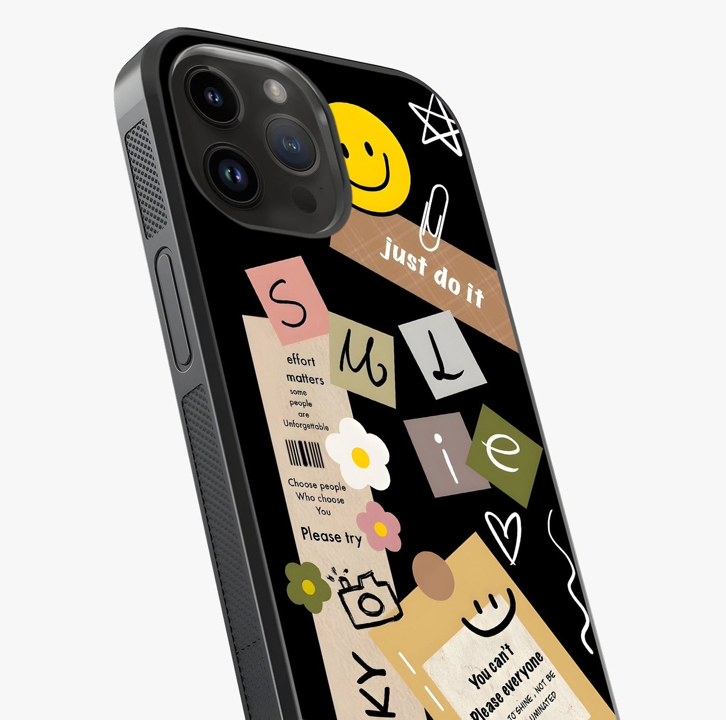 Lucky Aesthetic Collage Glass Case captured at a warm angle highlighting gloss, texture and premium glass finish.