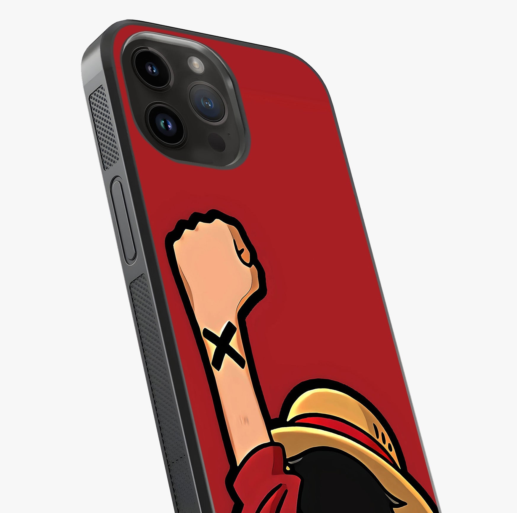 Luffy X Spirit Glass Case captured at a warm angle highlighting gloss, texture and premium glass finish.