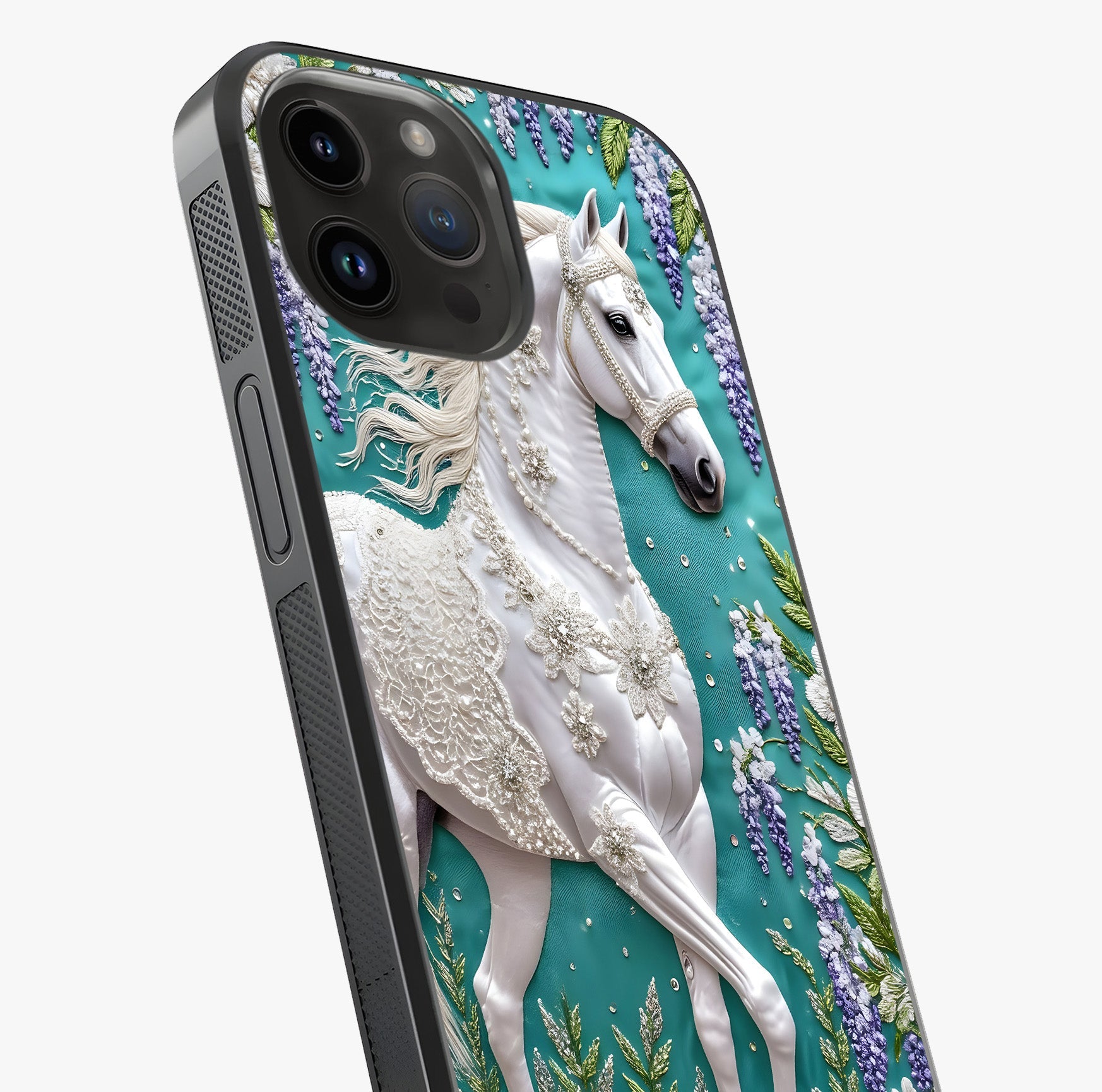 Majestic Floral Stallion Glass Case captured at a warm angle highlighting gloss, texture and premium glass finish.