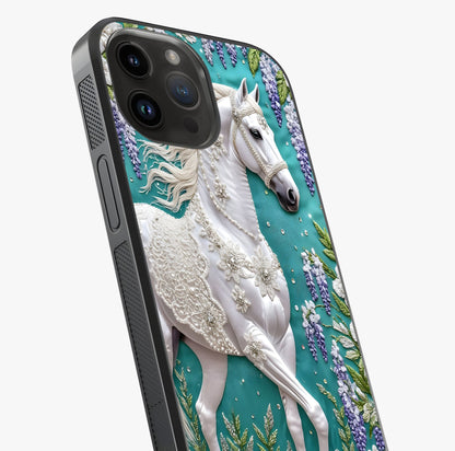 Majestic Floral Stallion Glass Case captured at a warm angle highlighting gloss, texture and premium glass finish.