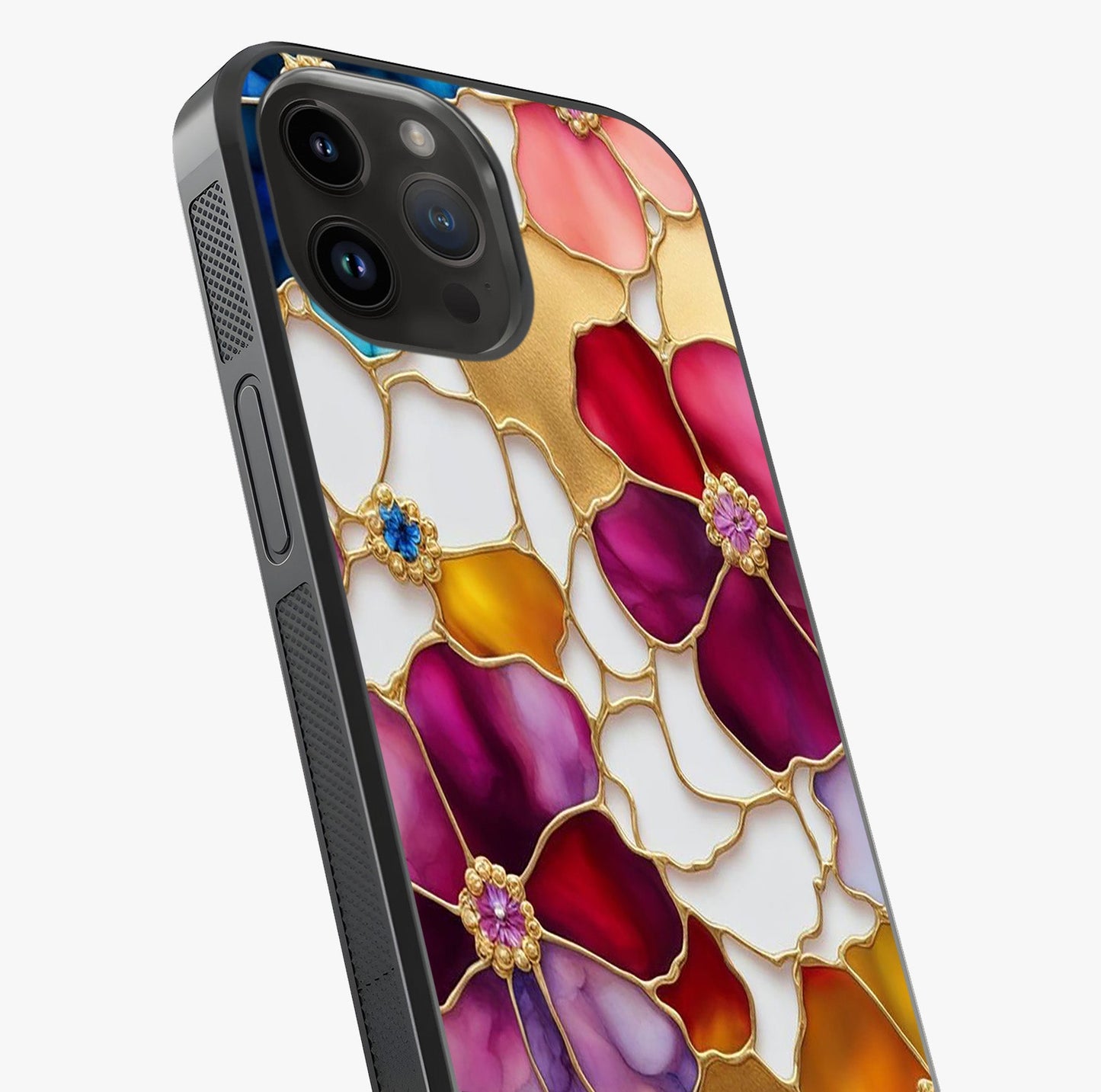 Marble Flower Pattern Glass Case captured at a warm angle highlighting gloss, texture and premium glass finish.