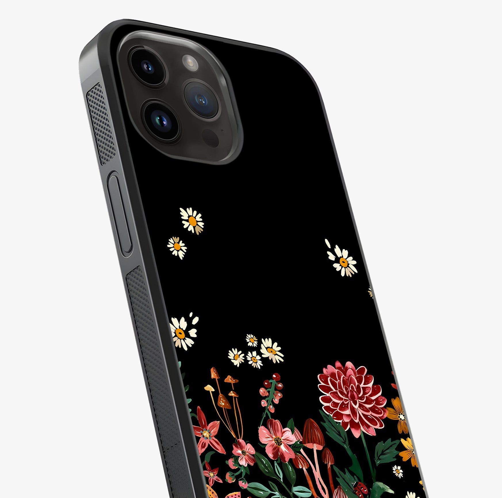 Midnight Bloom Pattern Glass Case captured at a warm angle highlighting gloss, texture and premium glass finish.