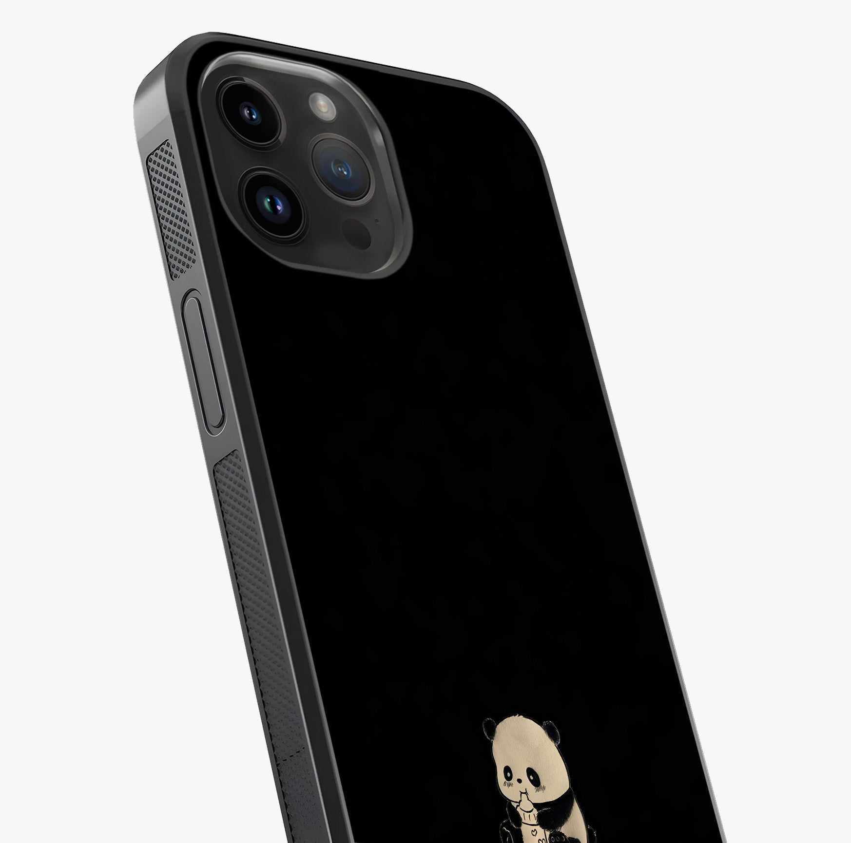 Midnight Panda Love Glass Case captured at a warm angle highlighting gloss, texture and premium glass finish.
