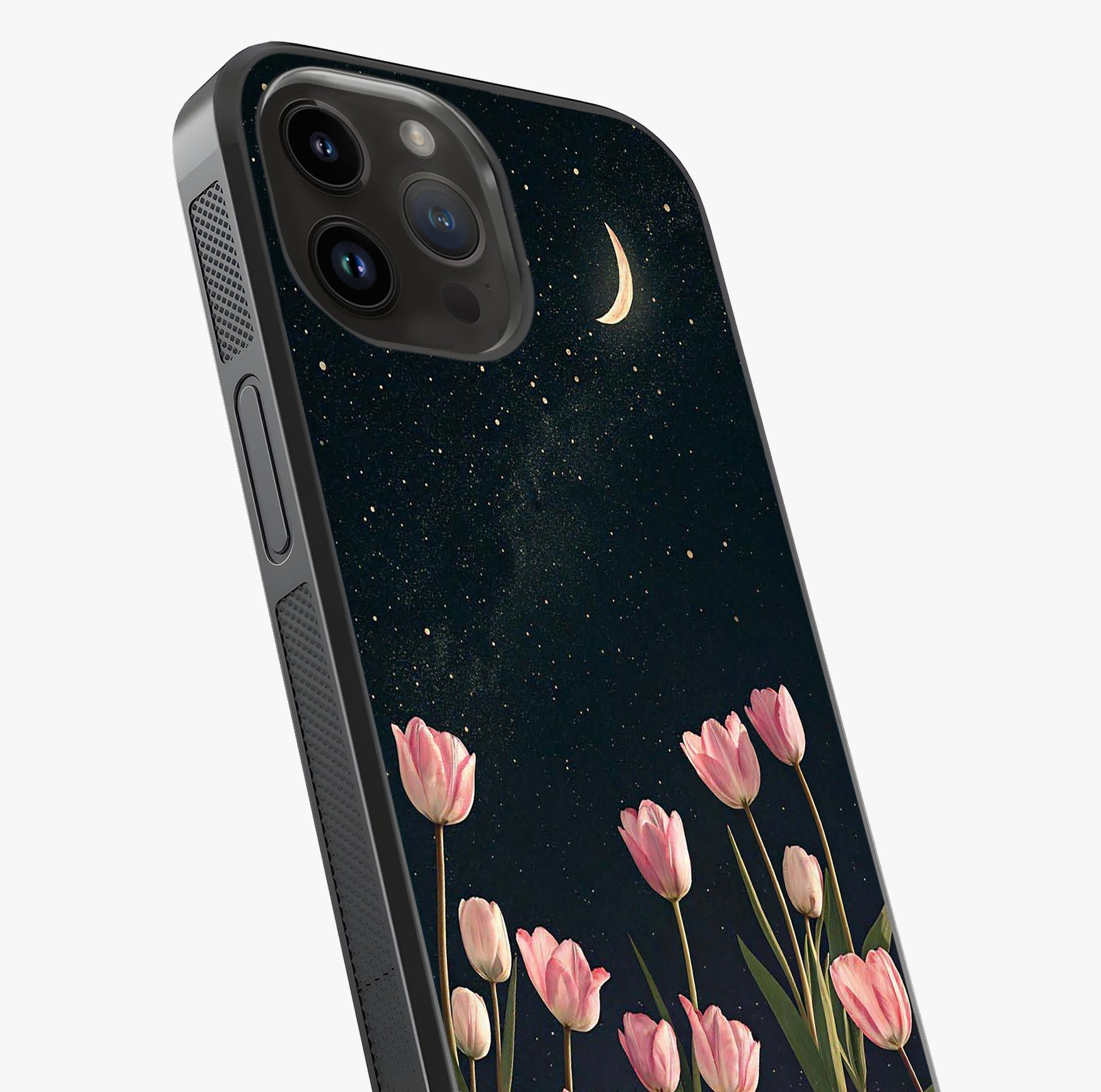 Midnight Tulip Whispers Vibe Glass Case captured at a warm angle highlighting gloss, texture and premium glass finish.