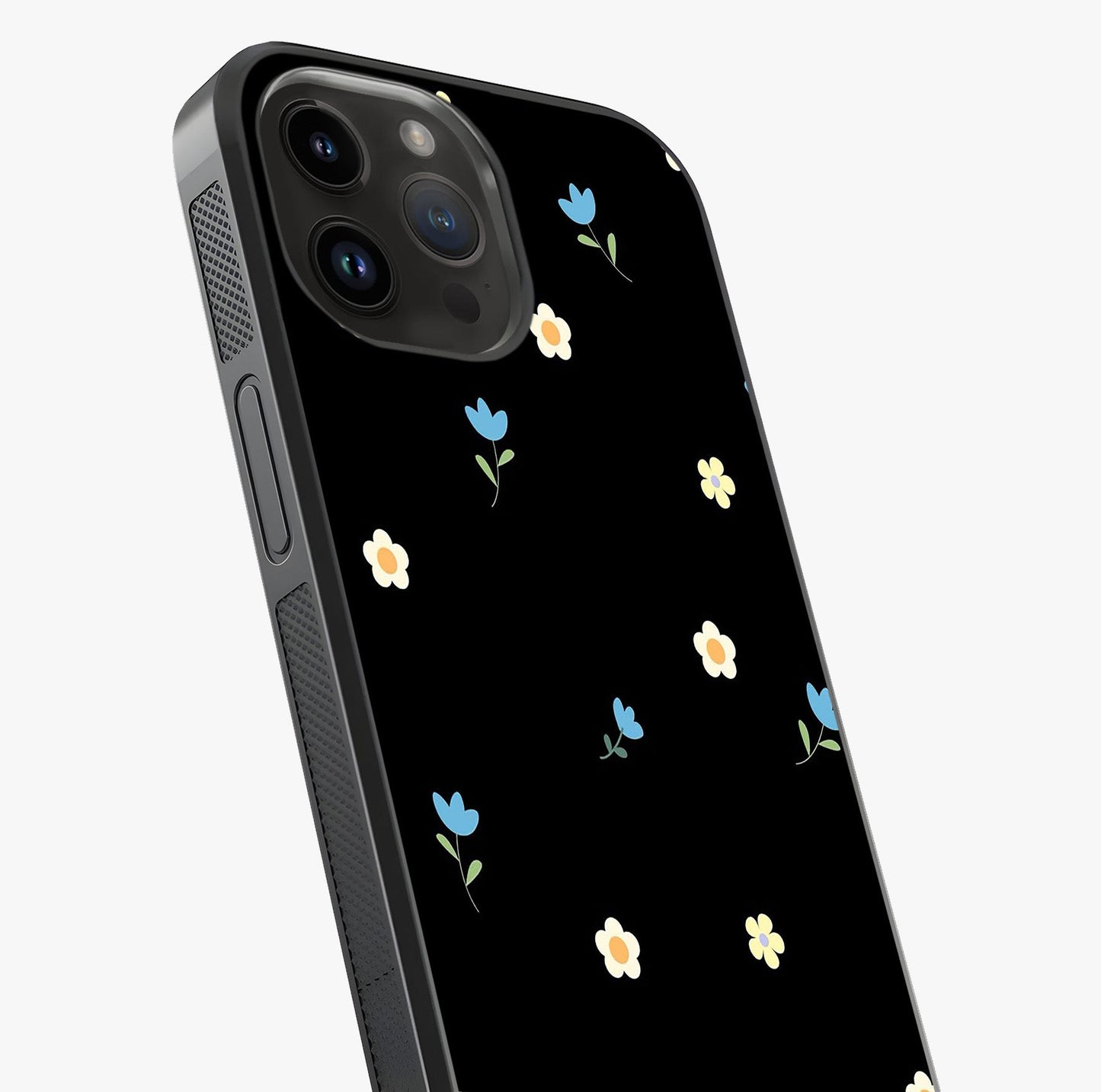 Minimalistic Blue With White Flower Pattern Glass Case captured at a warm angle highlighting gloss, texture and premium glass finish.