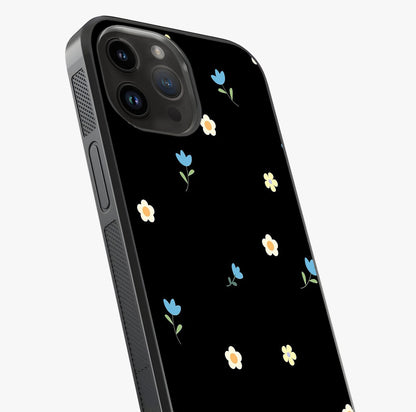 Minimalistic Blue With White Flower Pattern Glass Case captured at a warm angle highlighting gloss, texture and premium glass finish.
