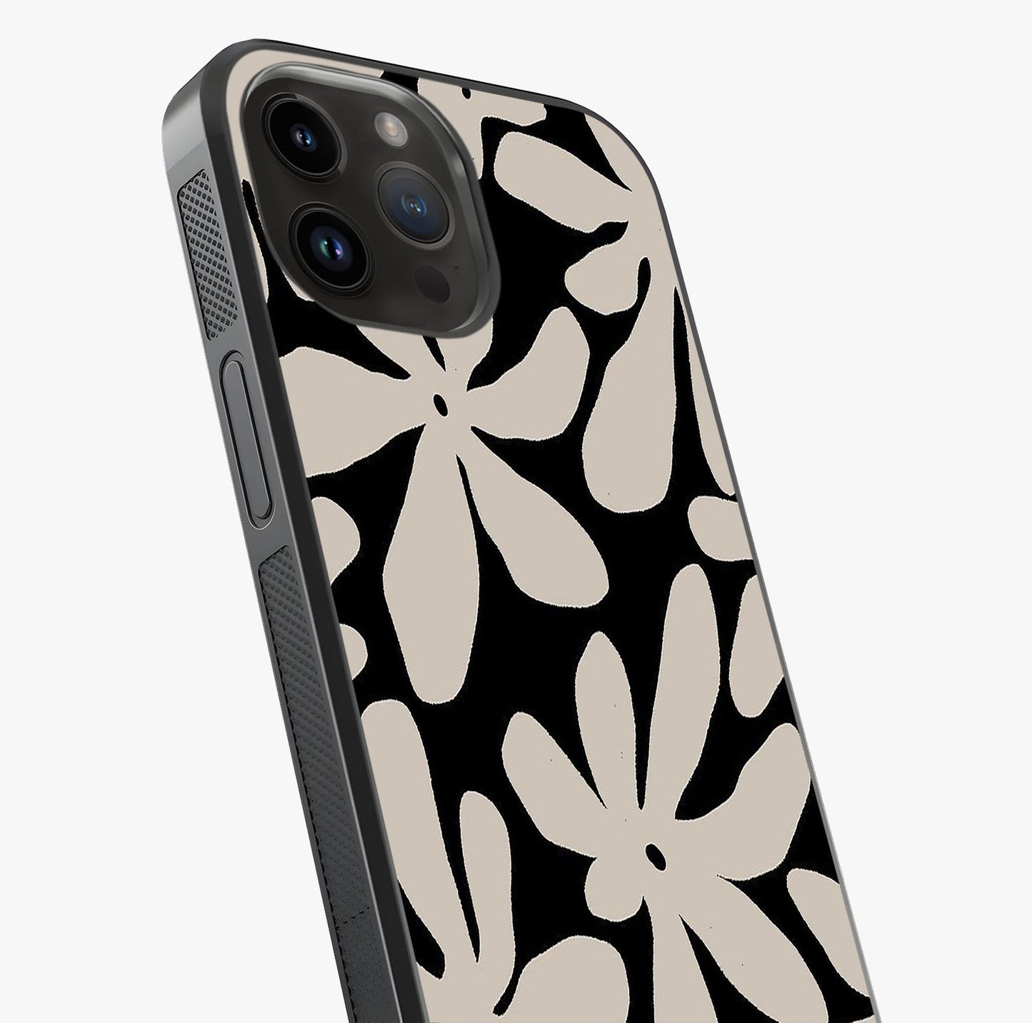 Monochrome Petal Dance Glass Case captured at a warm angle highlighting gloss, texture and premium glass finish.