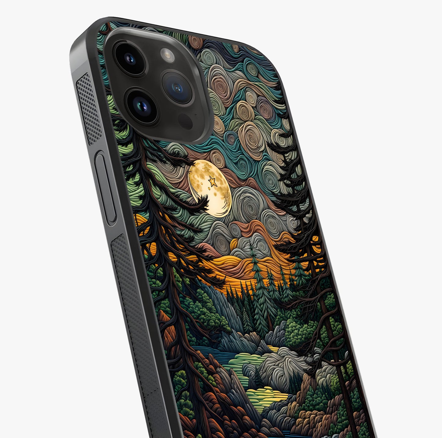 Moonlight Forest Dream Glass Case captured at a warm angle highlighting gloss, texture and premium glass finish.