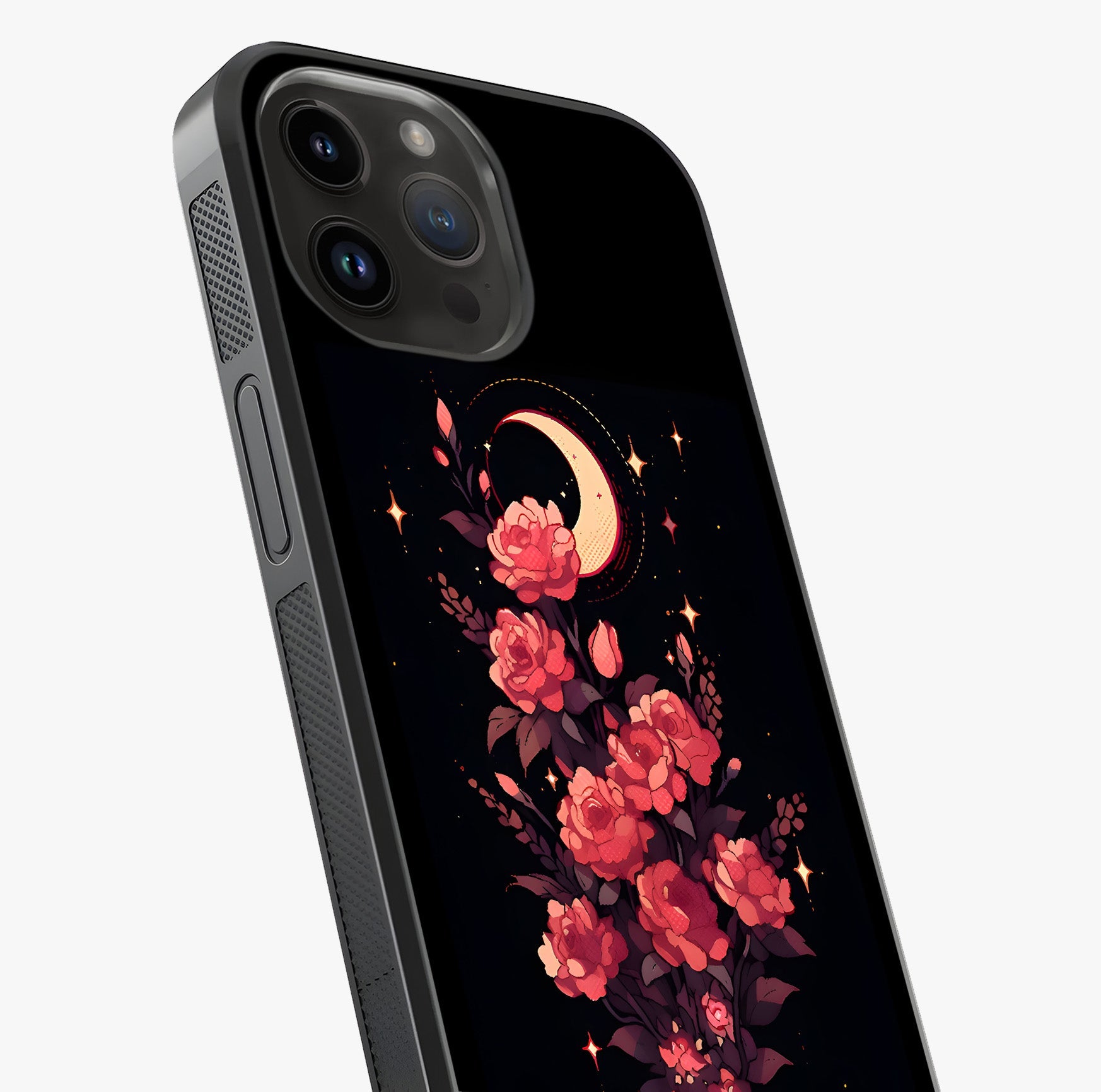 Moonlit Floral Elegance Glass Case captured at a warm angle highlighting gloss, texture and premium glass finish.