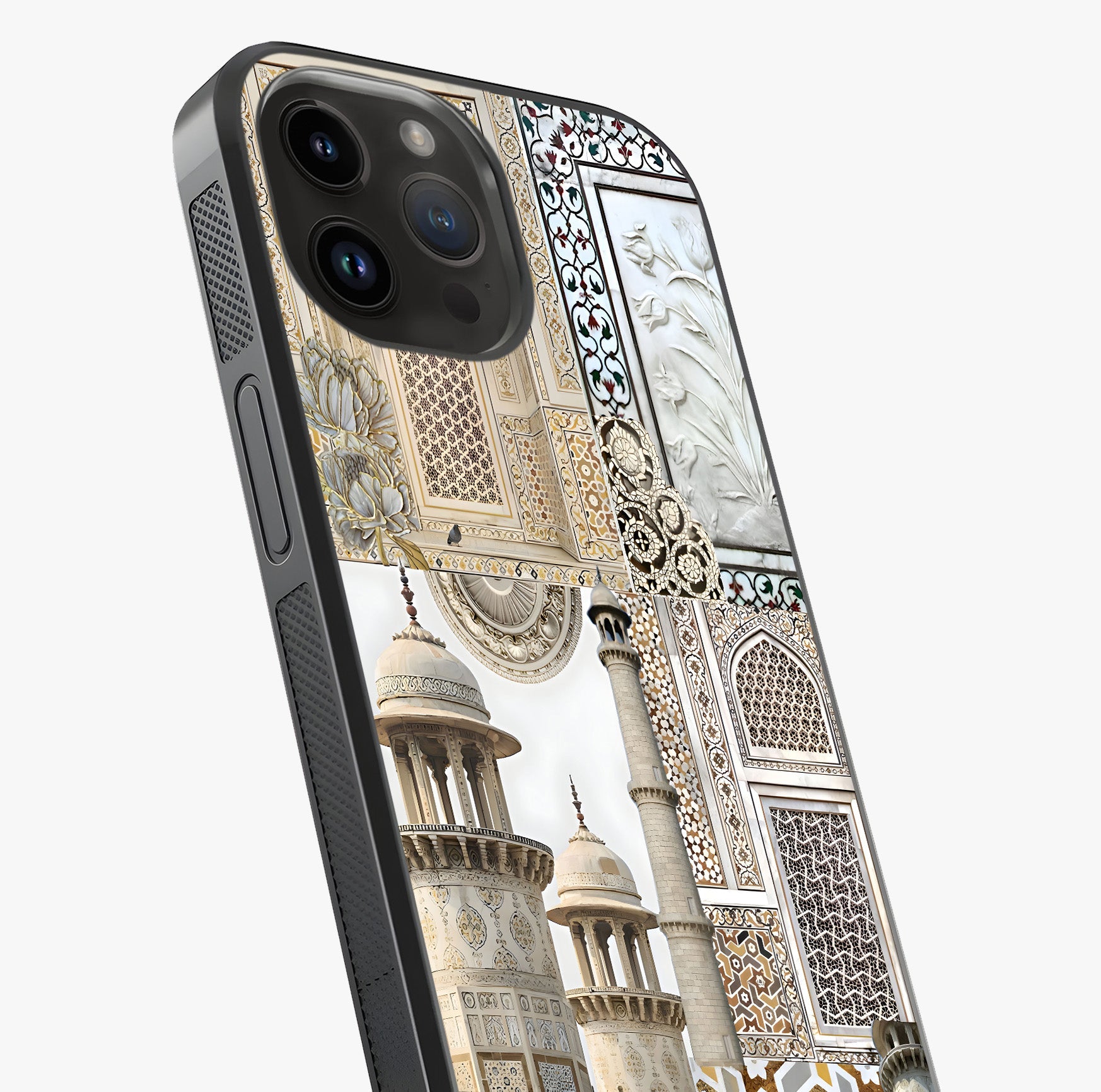 Mughal Marble Legacy Glass Case captured at a warm angle highlighting gloss, texture and premium glass finish.