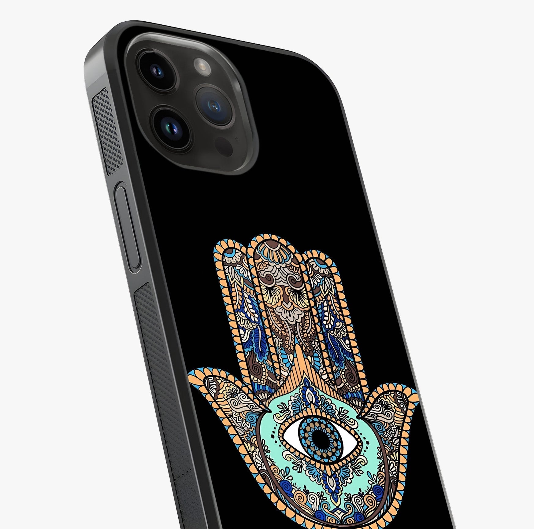 Mystic Hamsa Eye Glass Case captured at a warm angle highlighting gloss, texture and premium glass finish.