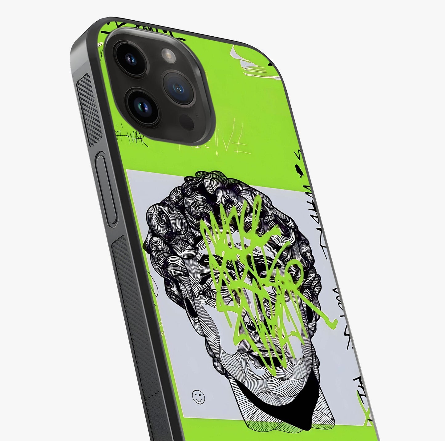 Neo Graffiti Rebellion Glass Case captured at a warm angle highlighting gloss, texture and premium glass finish.