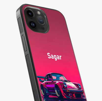 Neon Pink Porsche Glass Case captured at a warm angle highlighting gloss, texture and premium glass finish.