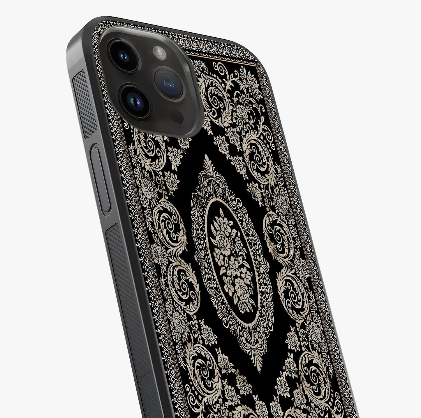 Noir Bloom Elegance Glass Case captured at a warm angle highlighting gloss, texture and premium glass finish.