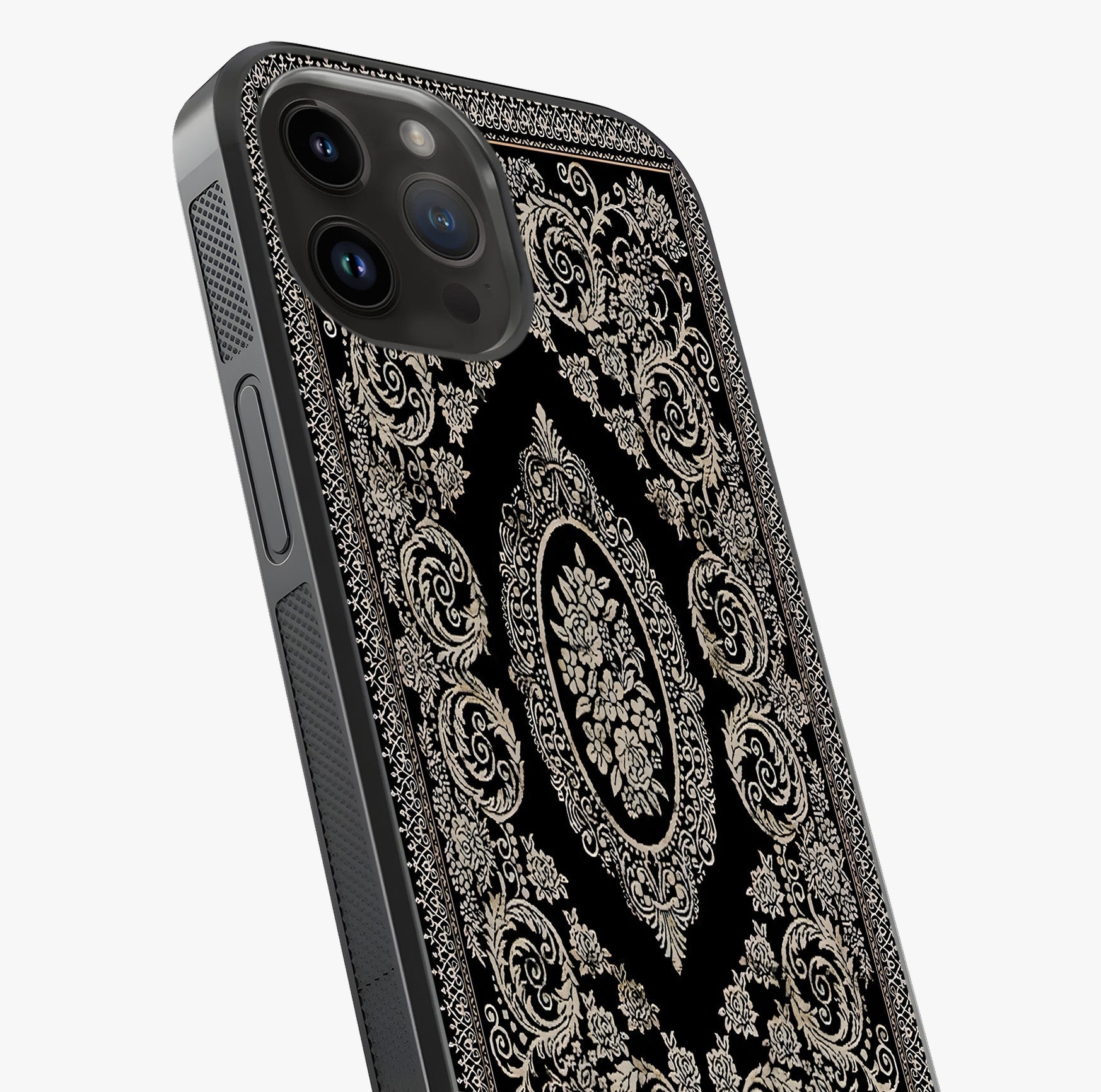 Noir Bloom Elegance Glass Case captured at a warm angle highlighting gloss, texture and premium glass finish.
