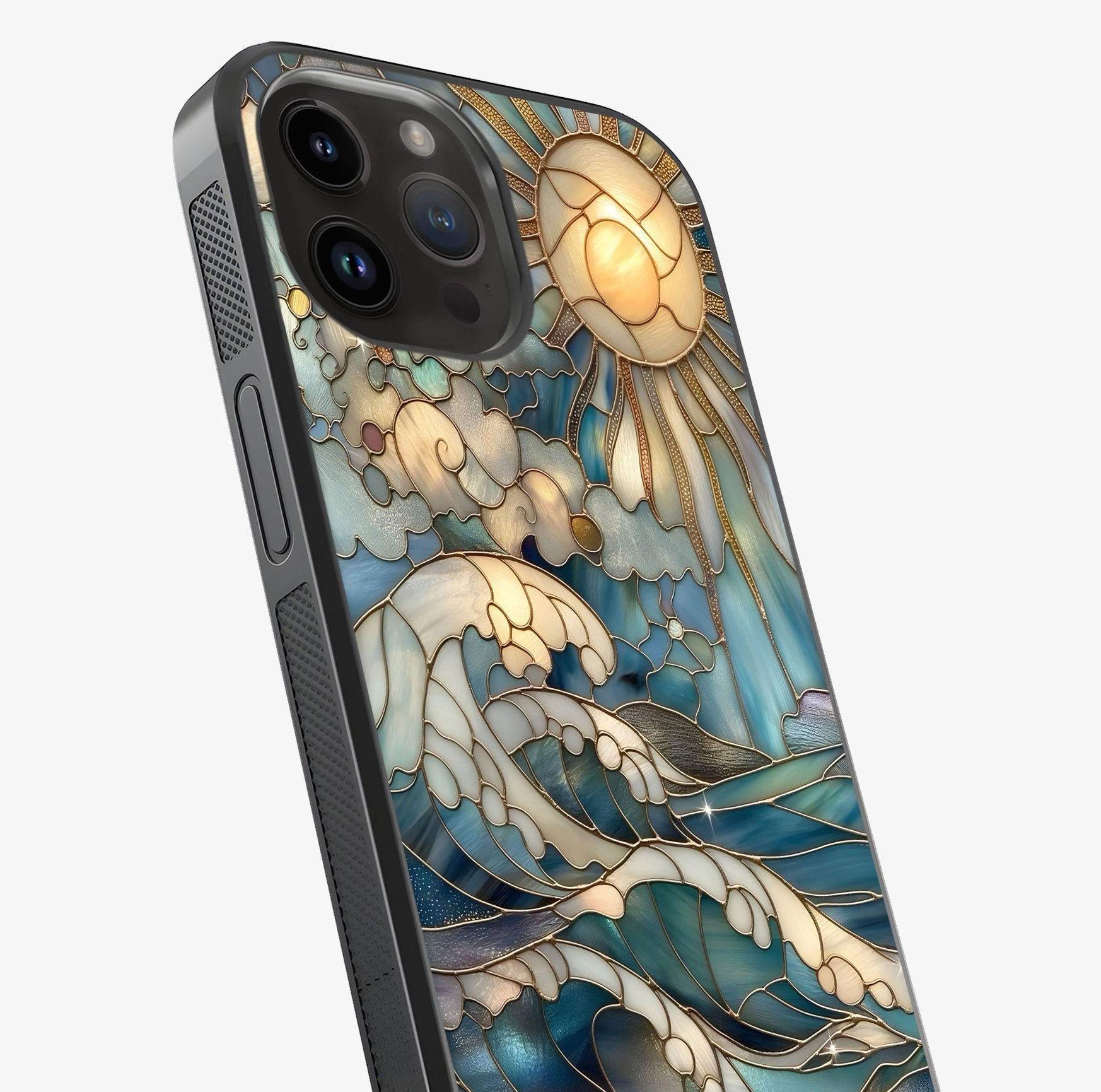 Oceanic Stained Printed Glass Case captured at a warm angle highlighting gloss, texture and premium glass finish.