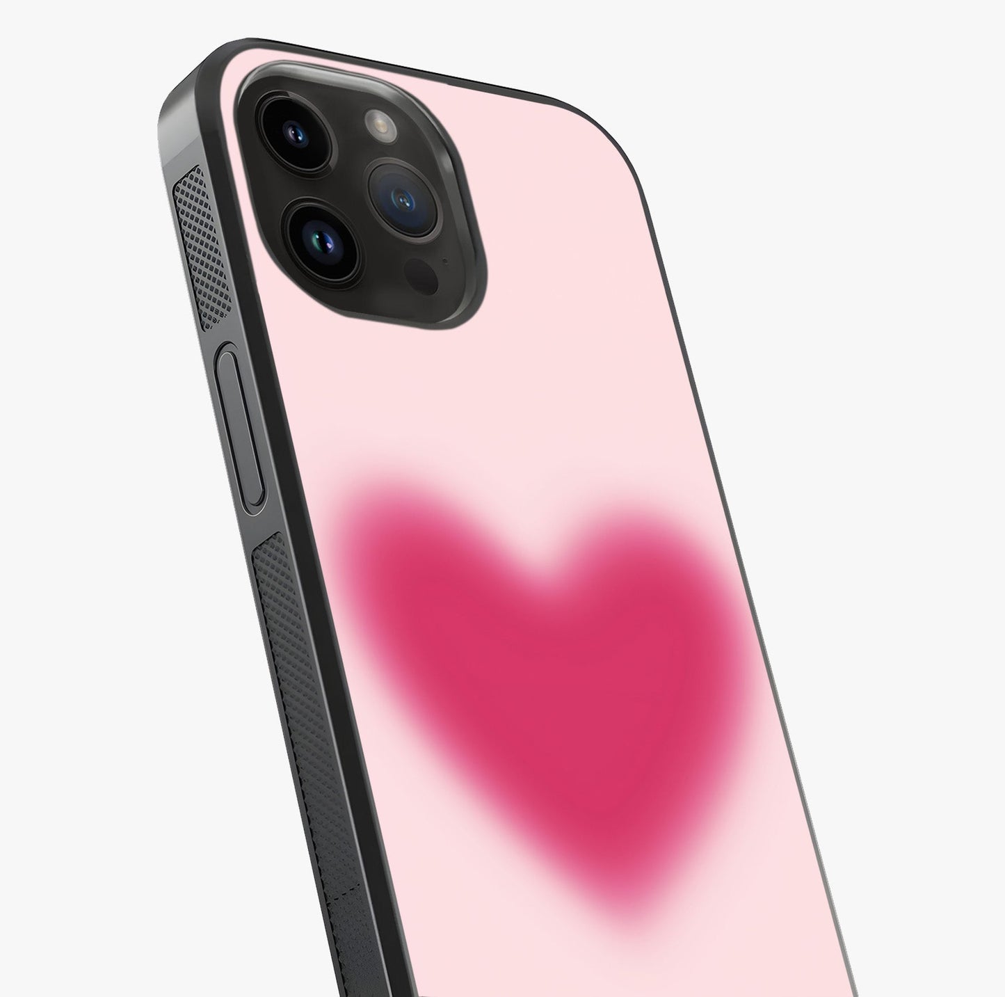 Pink Aura Heart Glass Case captured at a warm angle highlighting gloss, texture and premium glass finish.