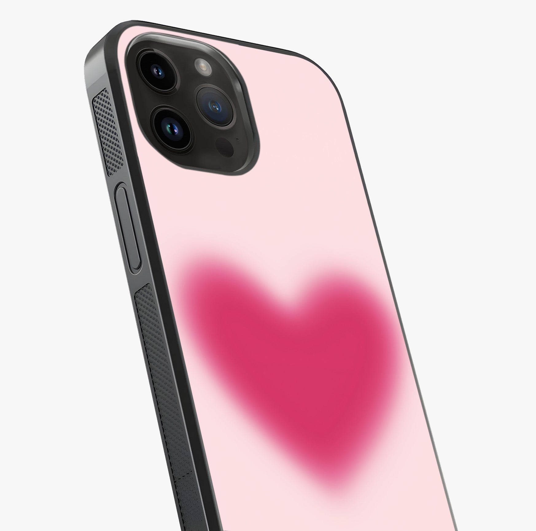 Pink Aura Heart Glass Case captured at a warm angle highlighting gloss, texture and premium glass finish.