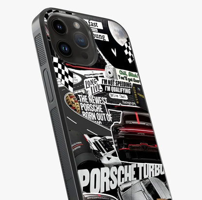 Porsche Racing Collage Glass Case captured at a warm angle highlighting gloss, texture and premium glass finish.