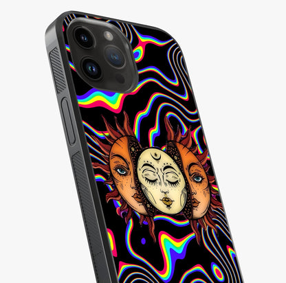 Psychedelic Sun Glass Case captured at a warm angle highlighting gloss, texture and premium glass finish.