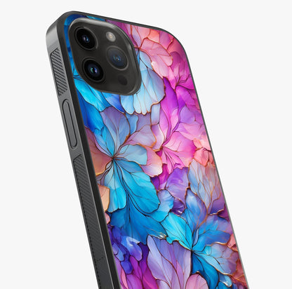 Radiant Floral Whirl Glass Case captured at a warm angle highlighting gloss, texture and premium glass finish.