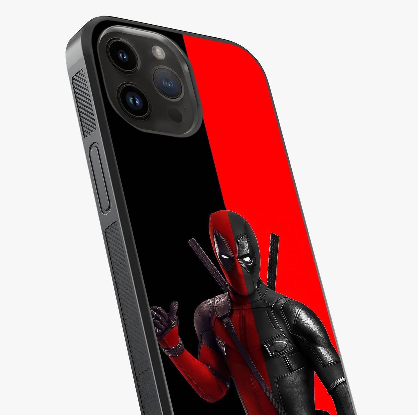 Red & Black Deadpool Theme Glass Case captured at a warm angle highlighting gloss, texture and premium glass finish.