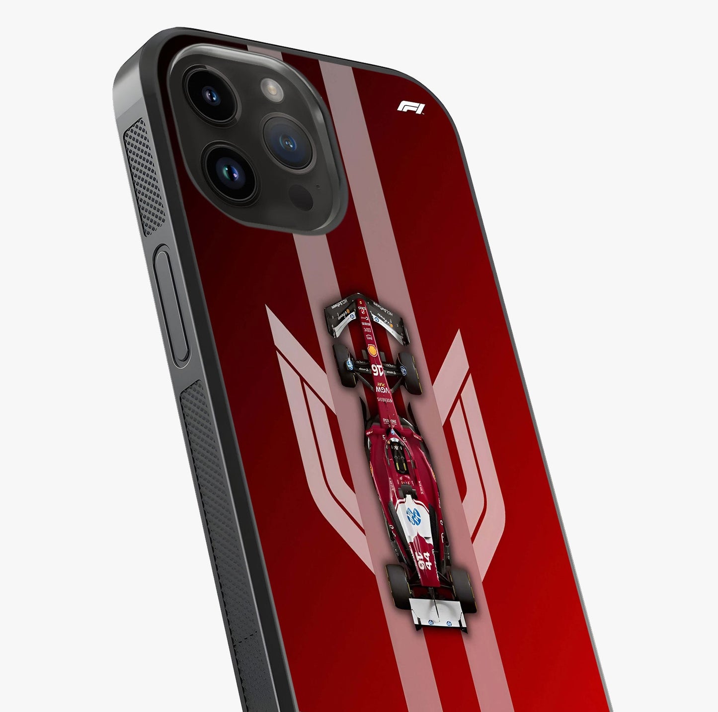 Red Ferrari F1 Vertical Glass Case captured at a warm angle highlighting gloss, texture and premium glass finish.