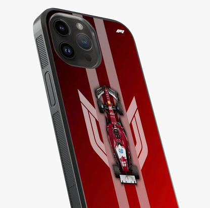 Red Ferrari F1 Vertical Glass Case captured at a warm angle highlighting gloss, texture and premium glass finish.