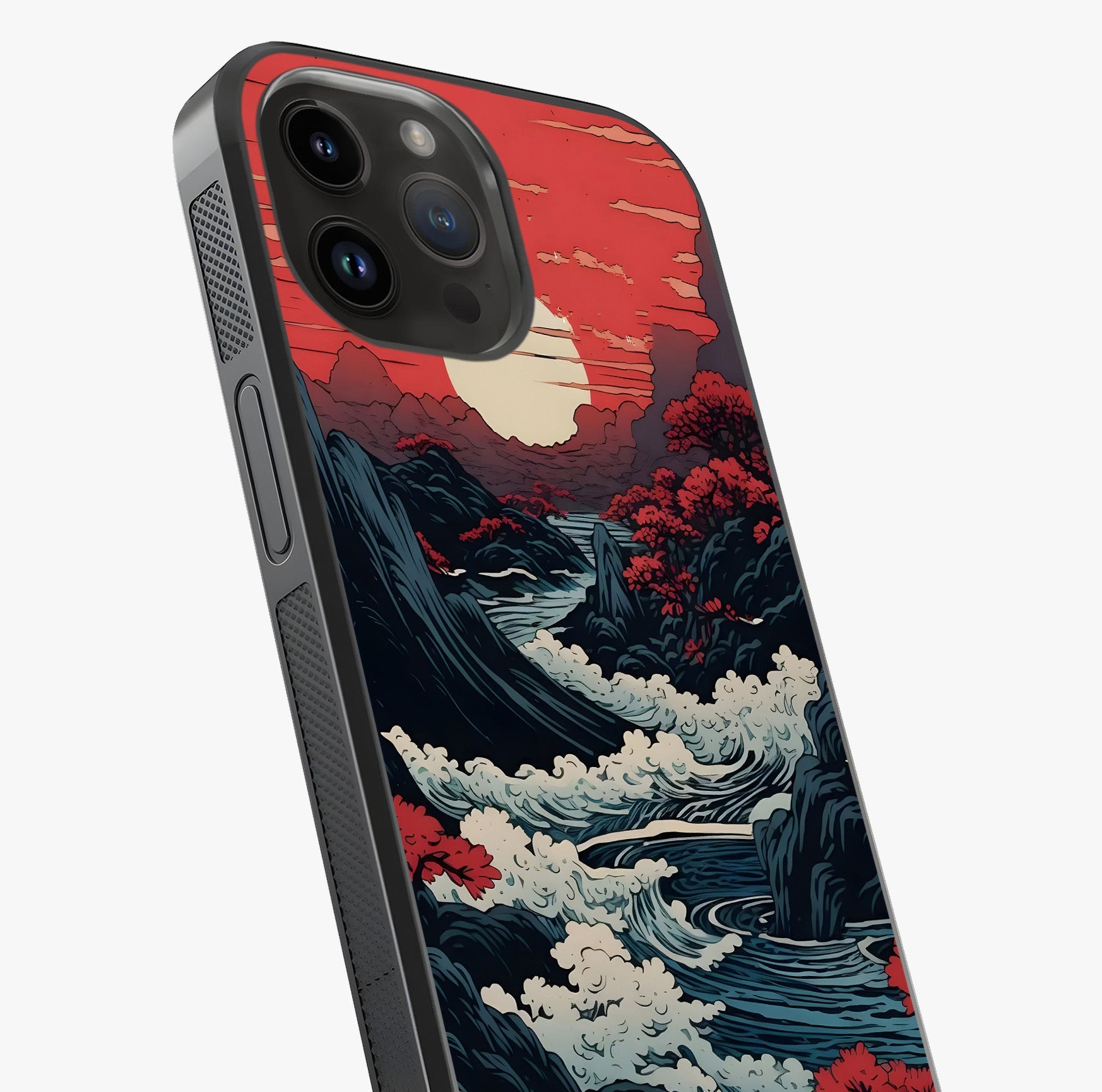 Red Sunset Scenery Glass Case captured at a warm angle highlighting gloss, texture and premium glass finish.