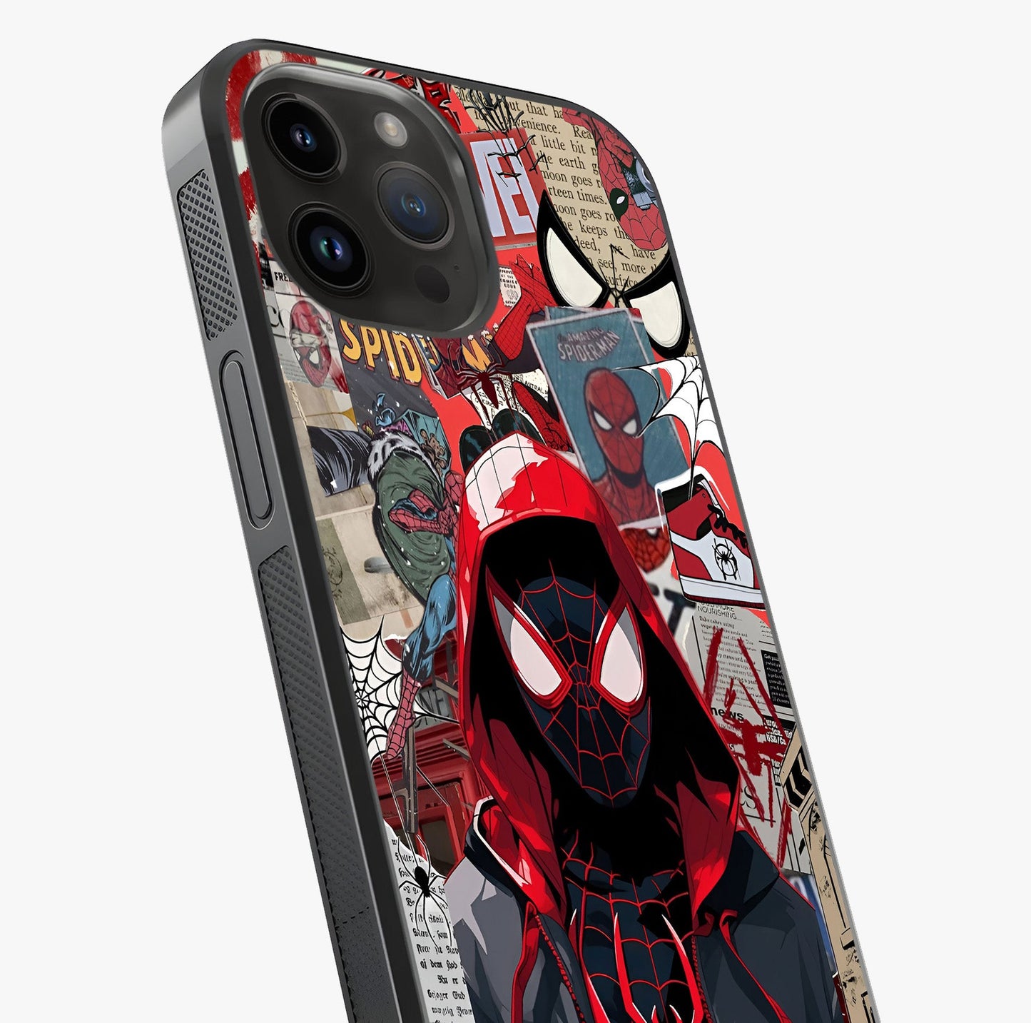 Spider Collage Street Glass Case captured at a warm angle highlighting gloss, texture and premium glass finish.