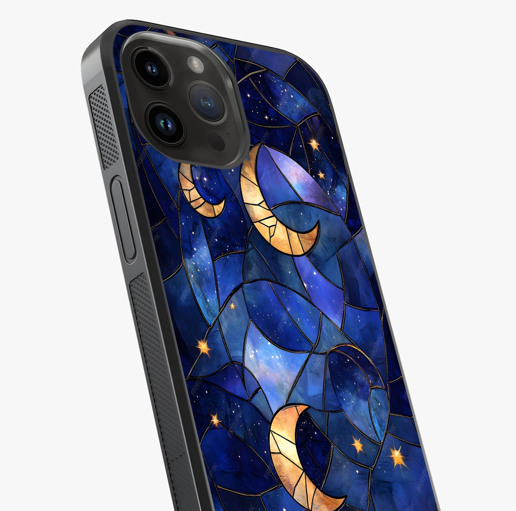 Starlit Sky Tapestry Glass Case captured at a warm angle highlighting gloss, texture and premium glass finish.