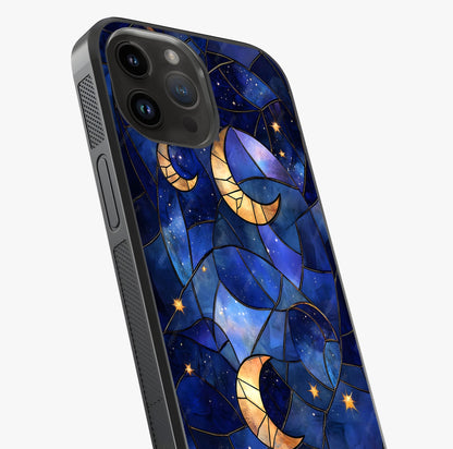 Starlit Sky Tapestry Glass Case captured at a warm angle highlighting gloss, texture and premium glass finish.