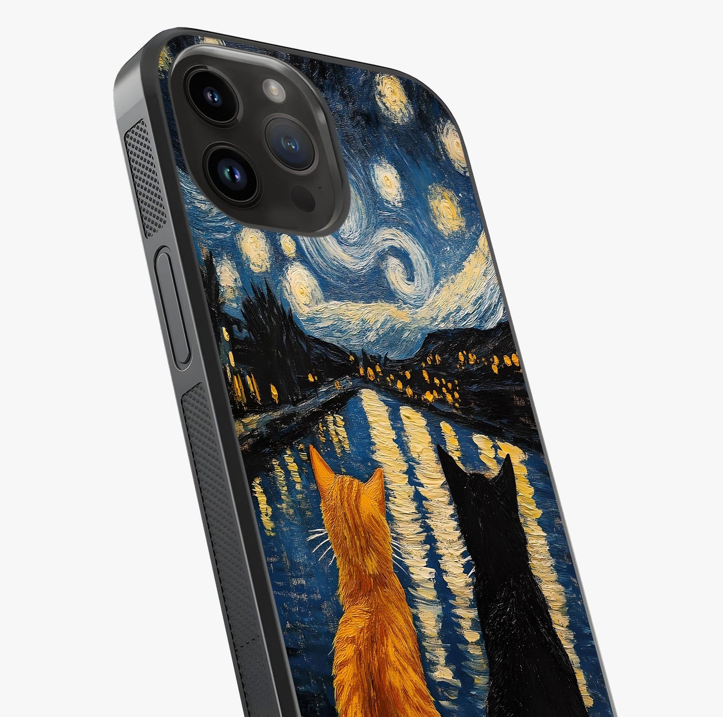 Starry River Cats Glass Case captured at a warm angle highlighting gloss, texture and premium glass finish.