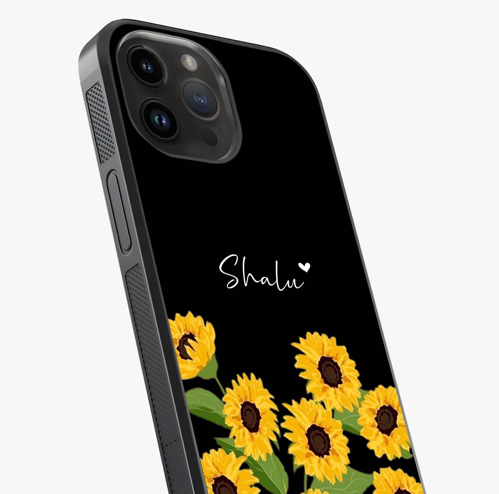 Sunflower Chic Mood Custom Name Glass Case captured at a warm angle highlighting gloss, texture and premium glass finish.